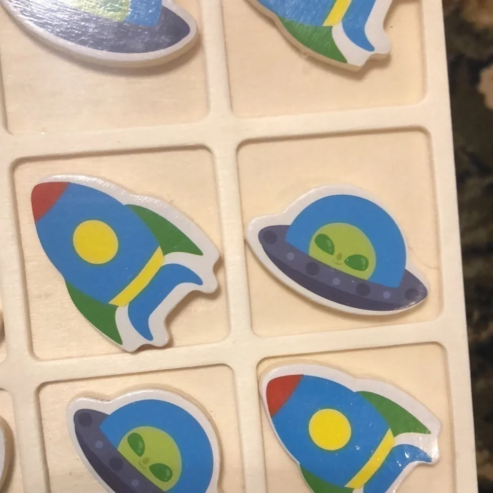 Wood Tic Tac Toe Spaceships and aliens Game.